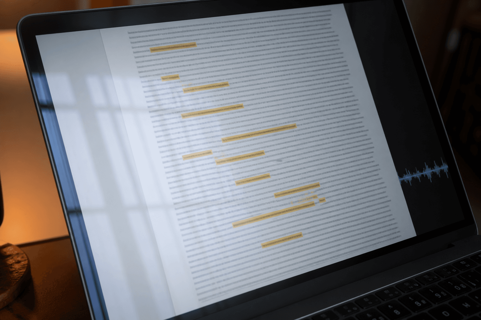 Close-up of a Mac showing a dense document with highlighted lines and Scroll's waveform beside the page.