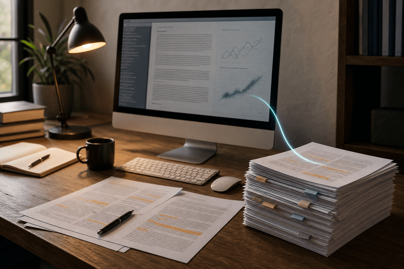 Desktop workspace with dense printed pages and a Mac screen reviewing a long research document.
