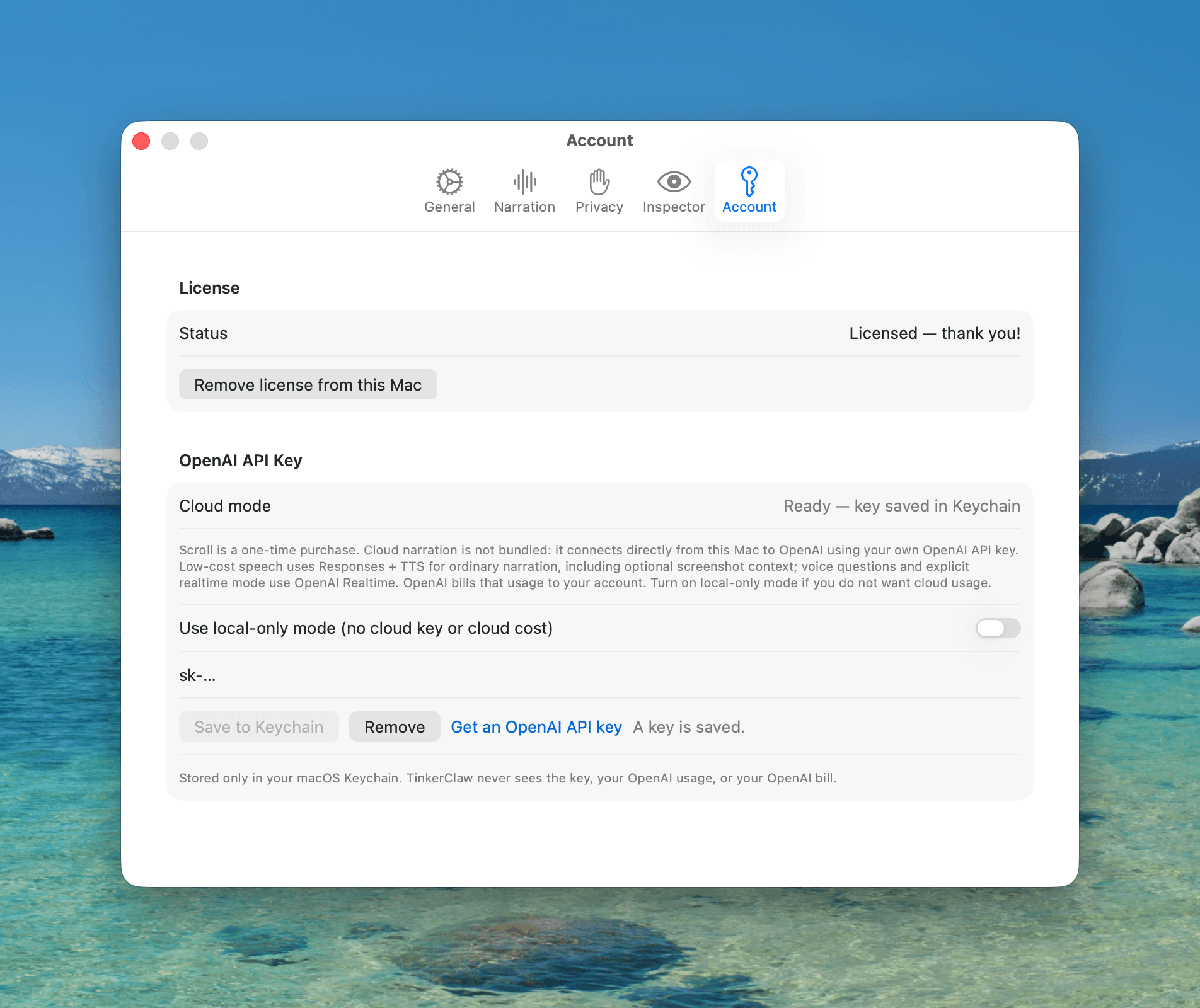 Scroll Account settings showing where to paste an OpenAI API key.
